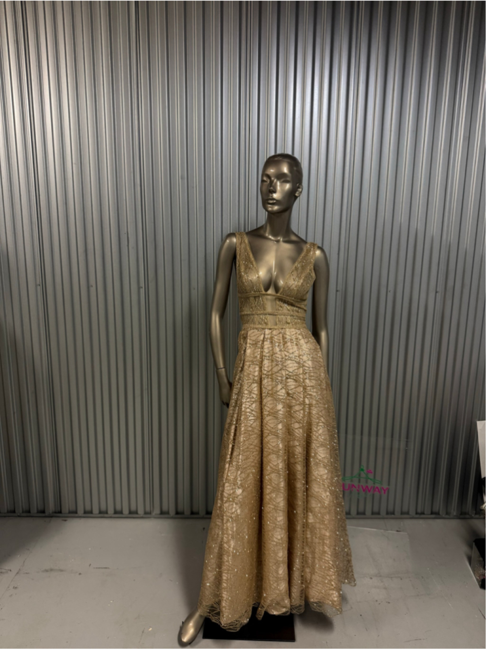 Champagne Gold Glitter Mesh Formal Gown | Plunging Illusion Neckline | Open Back
